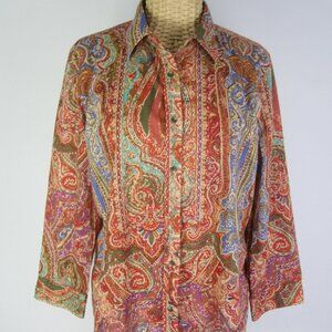 Ralph Lauren Women L Orange Blue Paisley 3/4 Sleeve Fine Cotton Blouse Shirt